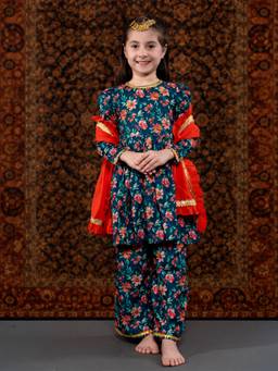 THE PONY & PEONY CO. - Blue Floral Kurta with Palazzo and Dupatta