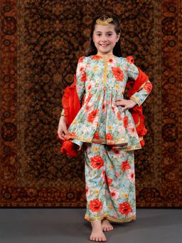 THE PONY & PEONY CO. - Green Floral Kurta with Palazzo and Dupatta