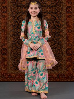 THE PONY & PEONY CO. - Green Floral Kurta with Palazzo and Dupatta