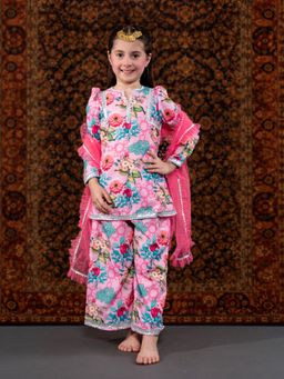 THE PONY & PEONY CO. - Pink Floral Kurta with Palazzo and Dupatta