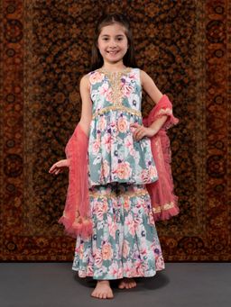 THE PONY & PEONY CO. - Green Floral Kurta with Sharara and Dupatta