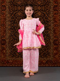 THE PONY & PEONY CO. - White Printed Kurta with Palazzo and Dupatta