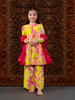 THE PONY & PEONY CO. - Green Floral Kurta with Palazzo and Dupatta