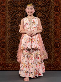 THE PONY & PEONY CO. - Peach Floral Kurta with Sharara and Dupatta