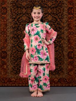 THE PONY & PEONY CO. - Peach Floral Kurta with Palazzo and Dupatta