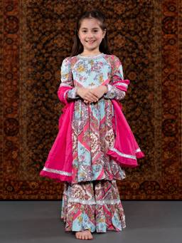 THE PONY & PEONY CO. - Blue Floral Kurta with Sharara and Dupatta
