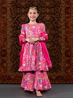 THE PONY & PEONY CO. - Pink Floral Kurta with Palazzo and Dupatta