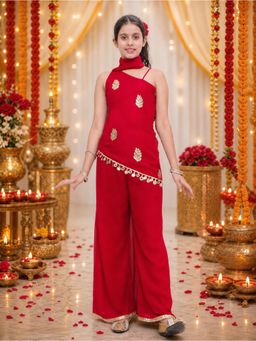 Titrit - Red Embroidered Kurti with Palazzo and Dupatta