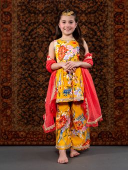 THE PONY & PEONY CO. - Yellow Floral Kurta with Palazzo and Dupatta