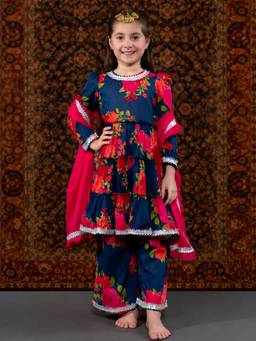 THE PONY & PEONY CO. - Blue Floral Kurta with Palazzo and Dupatta