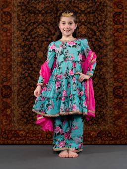 THE PONY & PEONY CO. - Blue Floral Kurta with Palazzo and Dupatta