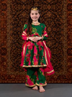 THE PONY & PEONY CO. - Green Floral Kurta with Palazzo and Dupatta
