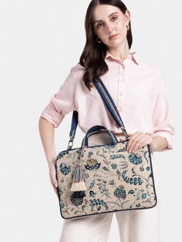 Anekaant - Petal Posh Ivory And Navy Floral Jacquard Laptop Bag
