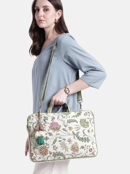 Anekaant - Petal Posh Ivory And Olive Floral Jacquard Laptop Bag