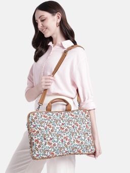 Anekaant - Petal Posh Off White Floral Printed Polycotton Laptop Bag