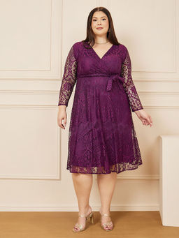 Styli - Womens Purple Plus Floral Lace Detail Midi Dress with Tie Up Belt (Set of 2)