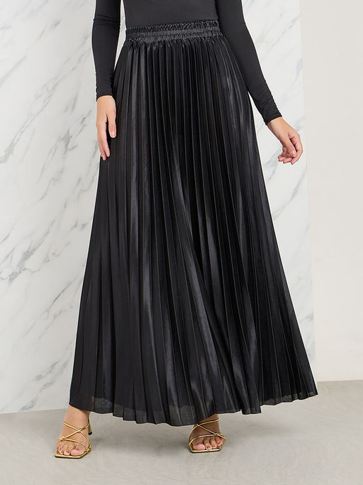 Pleated Black A Line Skirt Long Styli Womens Black Satin Pleated - Main Image