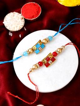 Shoshaa - Blue and Red Enamel Beads Bhai Rakhi with Roli Chawal (Set of 3)