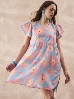 InWeave - Sky-blue V Neck Short Dress