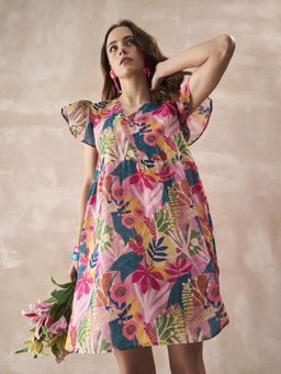 InWeave - Leaf Pink V Neck Short Dress