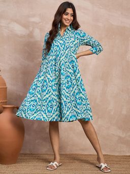InWeave - Blue Ikkat Flared Dress