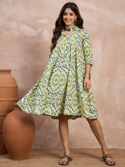 InWeave - Green Ikkat Flared Dress