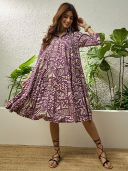 InWeave - Dusty Mauve Ethnic Print Flared Dress