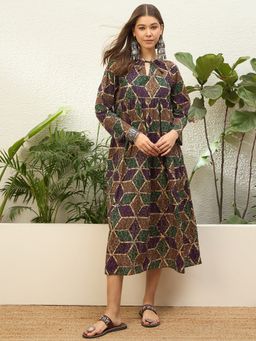 InWeave - Purple Gb Diamond Tie Up Neck Dress