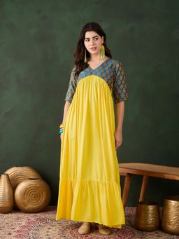 InWeave - Yellow Yale Blue Brocade V Neck Teared Dress
