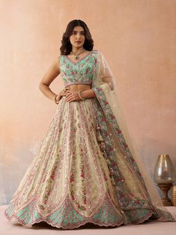 Panchhi - Cream Tissue Embroidered Semi-Stitched Lehenga and Unstitched Blouse with Dupatta
