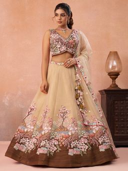Panchhi - Brown Net Sequined Semi Stitched Lehenga and Unstitched Choli with Dupatta