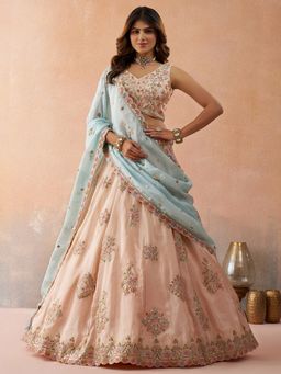 Panchhi - Peach Tissue Sequined Semi Stitched Lehenga and Unstitched Choli with Dupatta