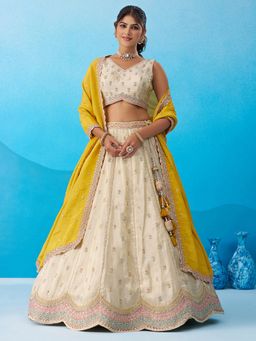 Panchhi - Cream Tissue Sequined Semi Stitched Lehenga and Unstitched Choli with Dupatta