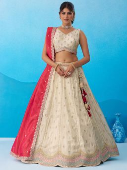 Panchhi - Cream Sequined Semi Stitched Lehenga and Unstitched Choli with Dupatta
