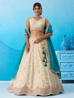 Panchhi - Cream Sequined Semi Stitched Lehenga and Unstitched Choli with Dupatta