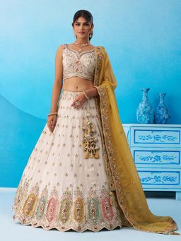 Panchhi - Cream Tissue Sequined Semi Stitched Lehenga and Unstitched Choli with Dupatta