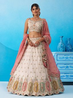 Panchhi - Cream Sequined Semi Stitched Lehenga and Unstitched Choli with Dupatta