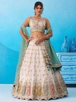 Panchhi - Cream Tissue Sequined Semi Stitched Lehenga and Unstitched Choli with Dupatta