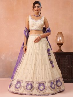 Panchhi - Cream Sequined Semi Stitched Lehenga and Unstitched Choli with Dupatta