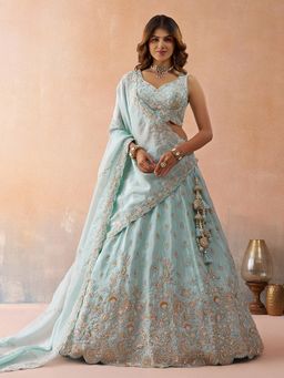Panchhi - Sky Blue Sequined Semi Stitched Lehenga and Unstitched Choli with Dupatta