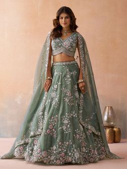 Panchhi - Green Tissue Sequined Semi Stitched Lehenga and Unstitched Choli with Dupatta