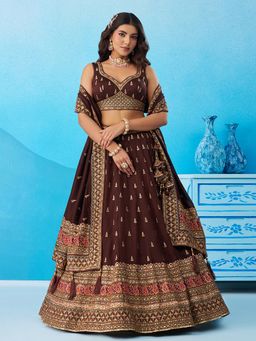 Panchhi - Brown Chinon Sequined Semi Stitched Lehenga and Unstitched Choli with Dupatta