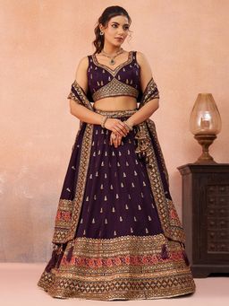 Panchhi - Wine Chinon Sequined Semi Stitched Lehenga and Unstitched Choli with Dupatta