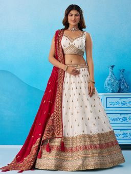 Panchhi - White Chinon Sequined Semi Stitched Lehenga and Unstitched Choli with Dupatta