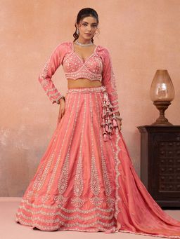 Panchhi - Peach Tissue Sequined Semi Stitched Lehenga and Unstitched Choli with Dupatta