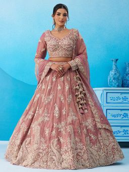 Panchhi - Pink Tissue Sequined Semi Stitched Lehenga and Unstitched Choli with Dupatta