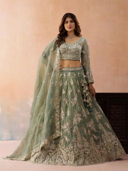 Panchhi - Sea Green Sequined Semi Stitched Lehenga and Unstitched Choli with Dupatta