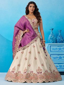 Panchhi - Cream Tissue Embellished Semi Stitched Lehenga and Unstitched Choli with Dupatta