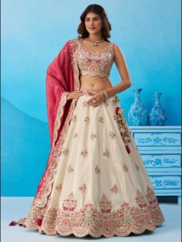 Panchhi - Cream Embellished Semi Stitched Lehenga and Unstitched Choli with Dupatta