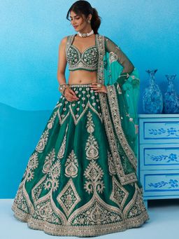 Panchhi - Green Silk Sequined Semi Stitched Lehenga and Unstitched Choli with Dupatta